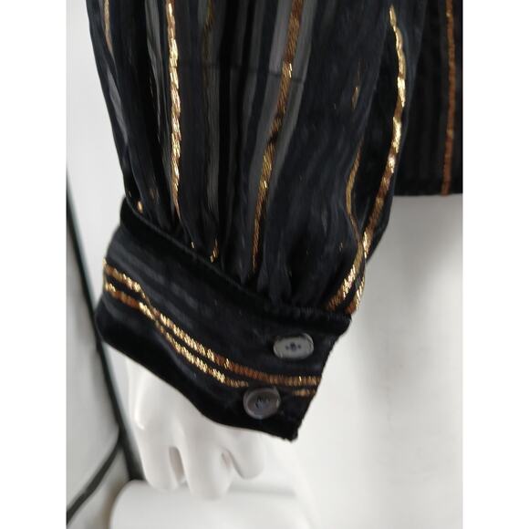 Derek Lam 10 Crosby Top Womens Size 8 Black Gold Metallic Stripes Sheer Silk - Picture 9 of 14